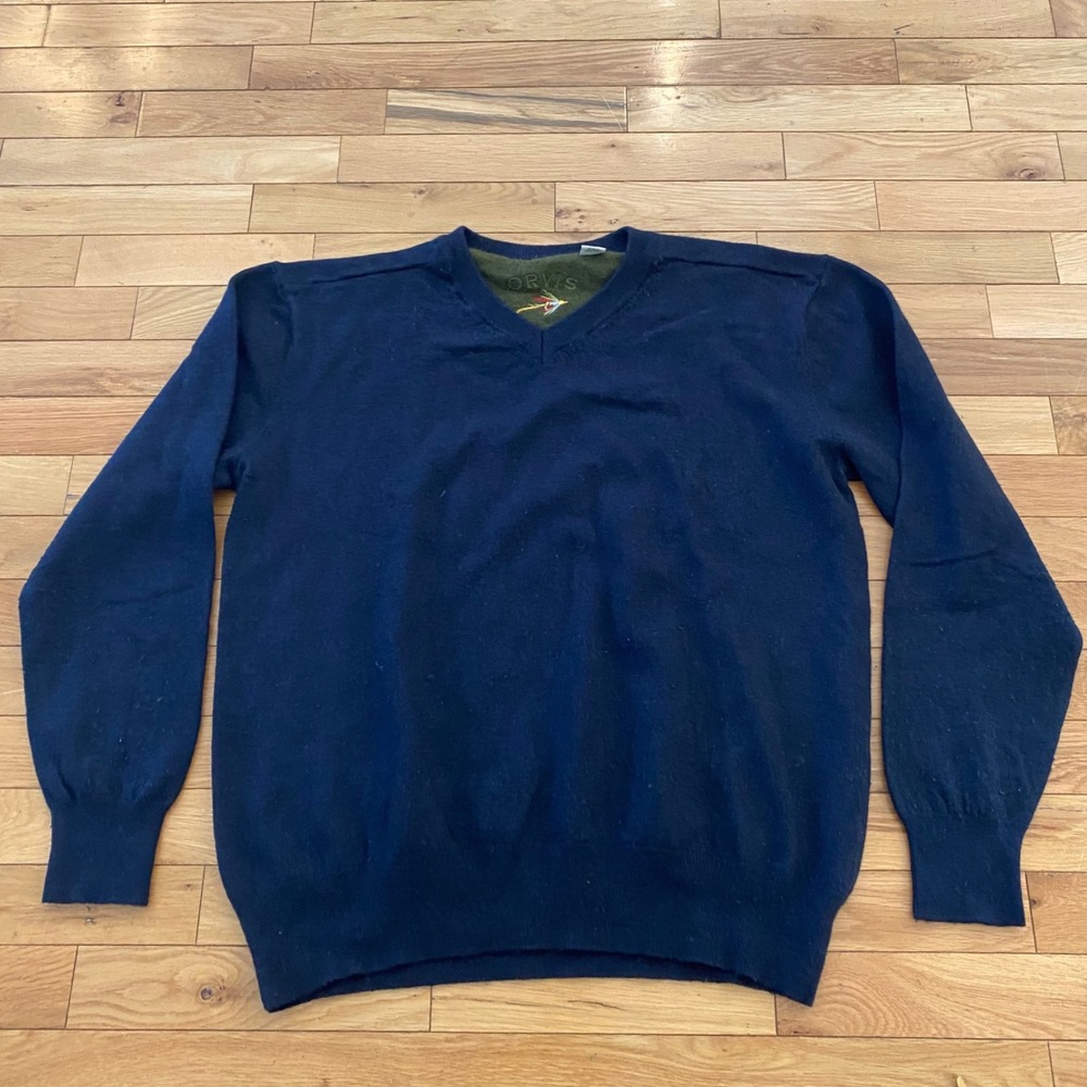Orvis Mens XL Navy Blue 100% Merino Wool V-Neck Sweater Fly Fishing Logo‎